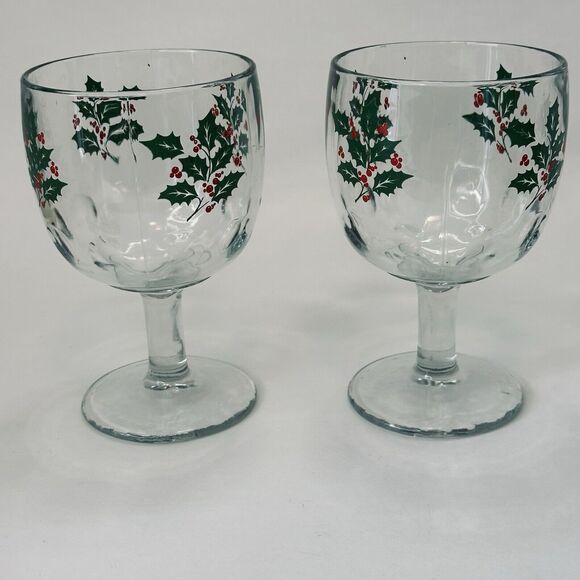Bartlett Collins 16oz Thumbprint Glass Holly Berry 6" Goblets Set of 2 Christmas - Picture 3 of 10